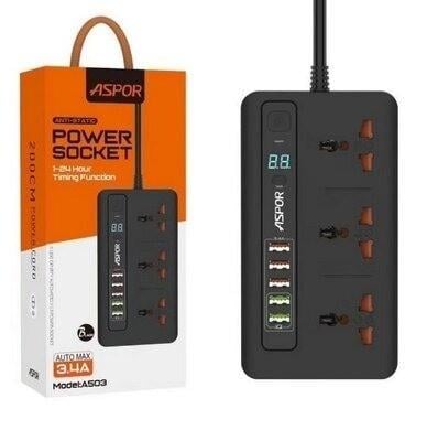 Фильтр-удлинитель сетевой Aspor A503 Auto Max 5USB 3,4A 2 м Черный (1858272855)