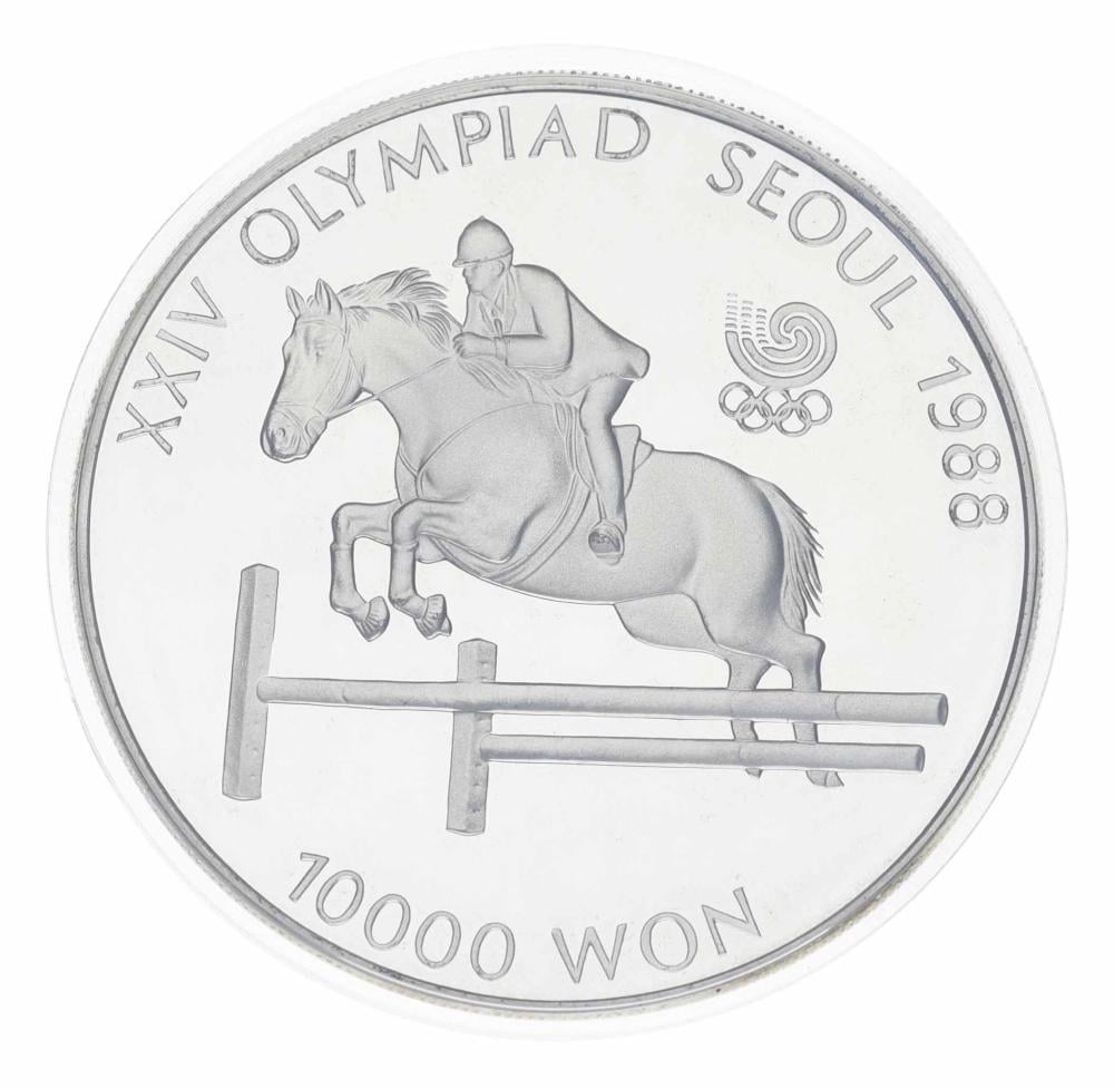 Коллекционная монета Южная Корея 10000 вон 1988 Серебро Proof XXIV летние Олимпийские игры в р. Сеул 1988 Конные соревнования (М23336)