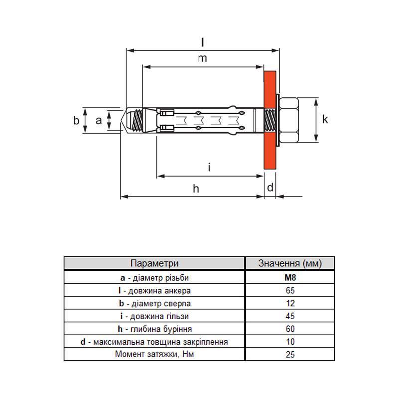 Анкер розпірний із болтом ДКС М8x65 притиск 10 мм оцинкована сталь 1 шт. (CM430850) - фото 2