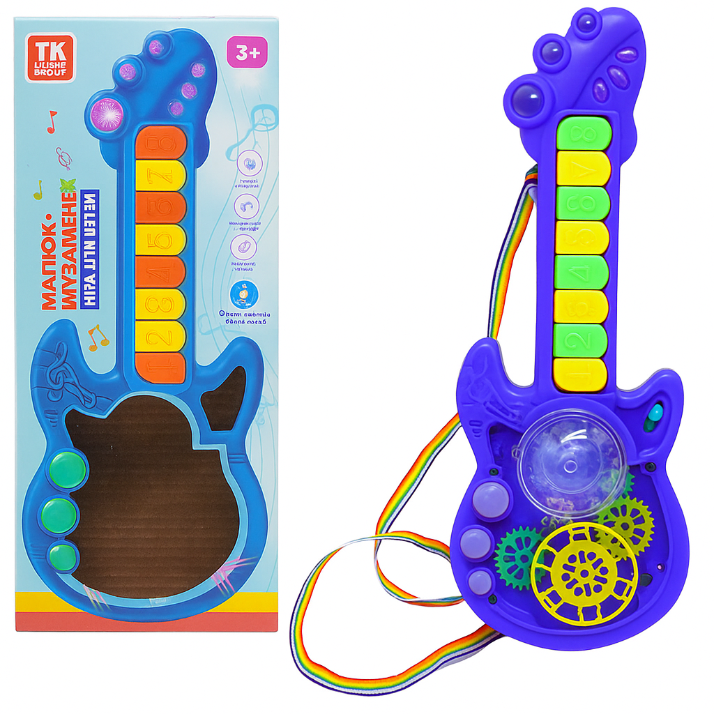 Дитяча музична гітара TK-14702 Малюк Музиченько зі світлом/звуком та шестернями Синій (30104928) - фото 2 Дитяча музична гітара TK-14702 Малюк Музиченько зі світлом/звуком та шестернями Синій (30104928) - фото 2