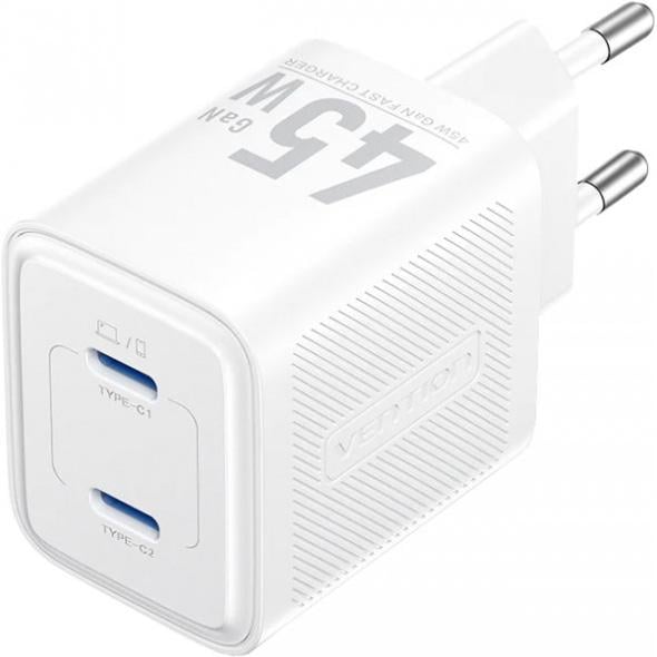 Зарядний пристрій для телефонів Vention FEFW0 EU 45 Вт GaN 2хUSB C Power Delivery 3,0 QC 3,0 White (647165)