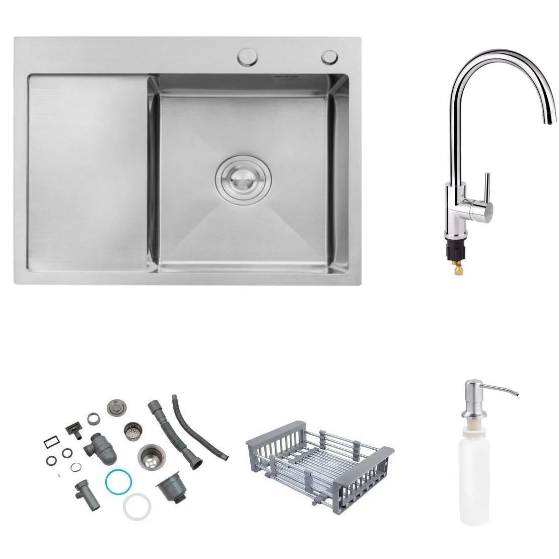 Мойка Kroner-6350LHM 3/1 мм правая и смеситель для кухни Qtap Spring 007F-2 с подключением к фильтру