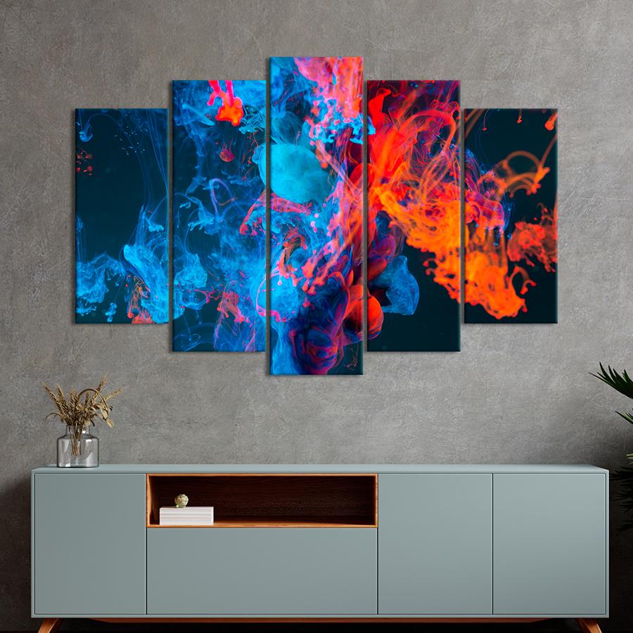 Картина абстракция Синяя и оранжевая краска на чёрном фоне 137x85 см (A961-5)