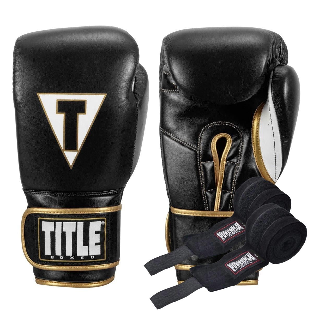 Боксерські рукавиці TITLE Boxeo Mexican Leather Quatro 12 oz з бинтами 4 м Black/White