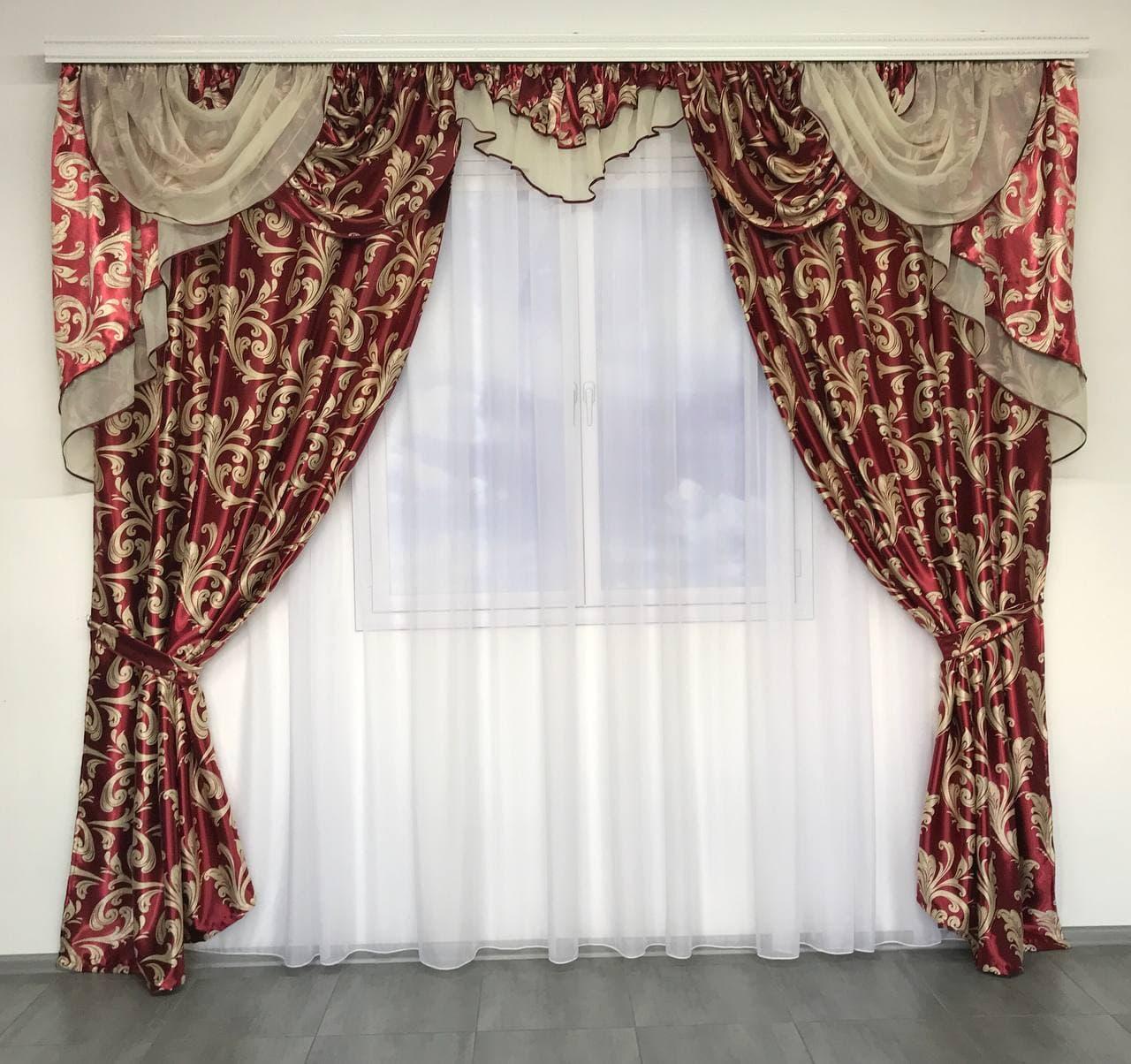 Плотные шторы блекаут 150х270 см 2 шт. с ламбрекеном ALBO Бордовые