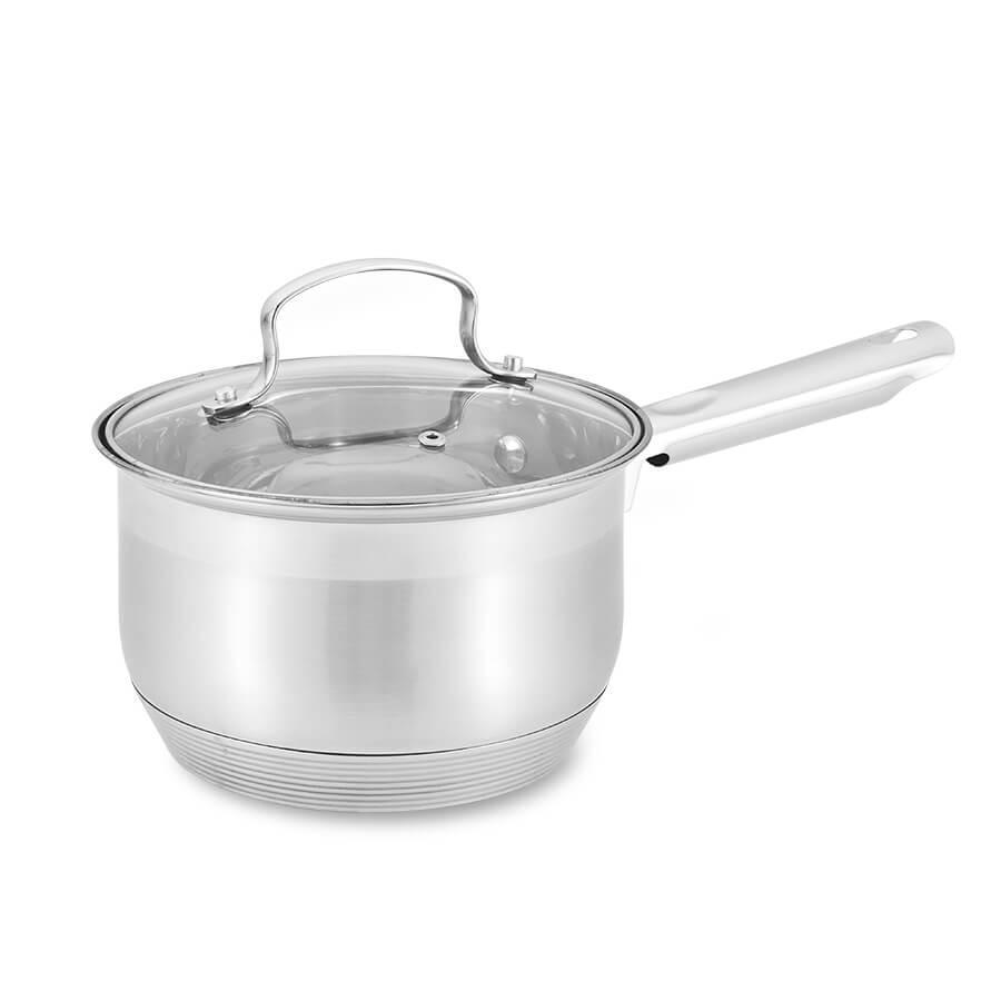 ᐉ Ковш 2.1 л из нержавейки с массивной ручкой и стеклянной крышкой.