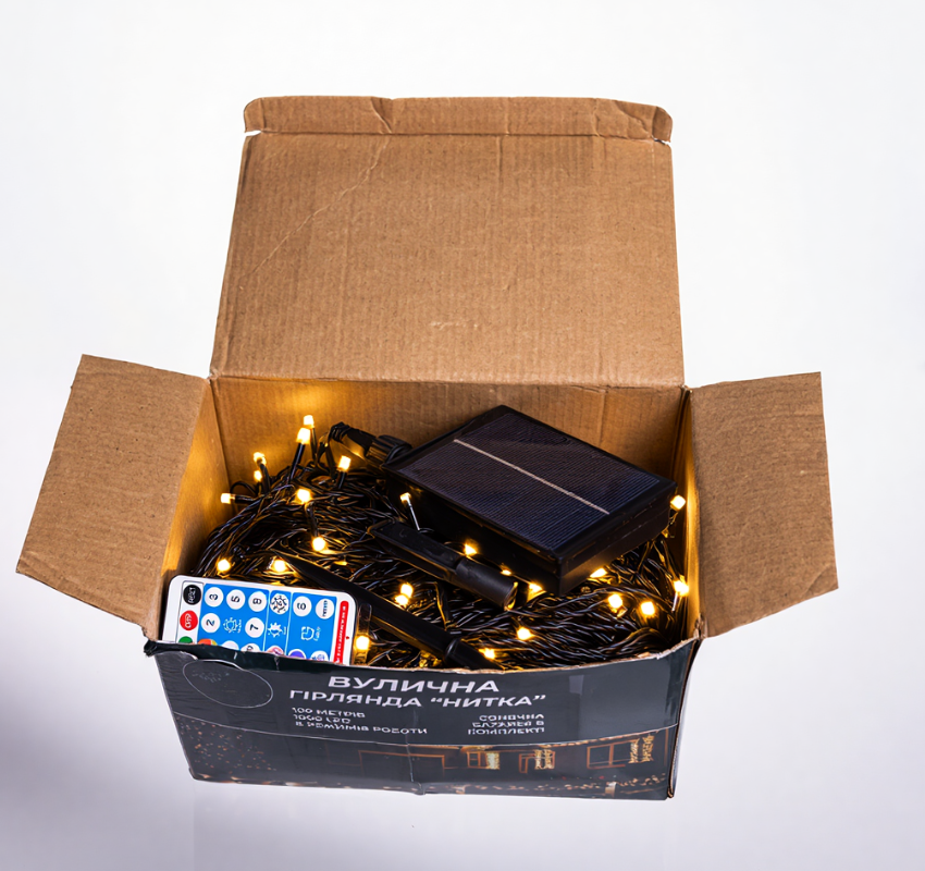 Гирлянда нить уличная 1000 LED 100 м на солнечной батарее черная нить с пультом ДУ Желтый - фото 5 Гирлянда нить уличная 1000 LED 100 м на солнечной батарее черная нить с пультом ДУ Желтый - фото 5