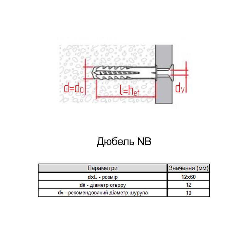 Дюбель Metalvis NB 12х60 нейлон із буртиком під шуруп Ø 8 мм 50 шт. (921L00000921L12000) - фото 2