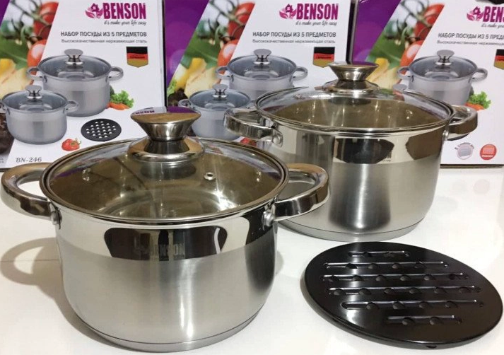Набор посуды Benson BN-246 5 кастрюли с крышкой 4/3 л и жаропрочная бакелитовая подставка 5 пр. (6-3-1423002352)