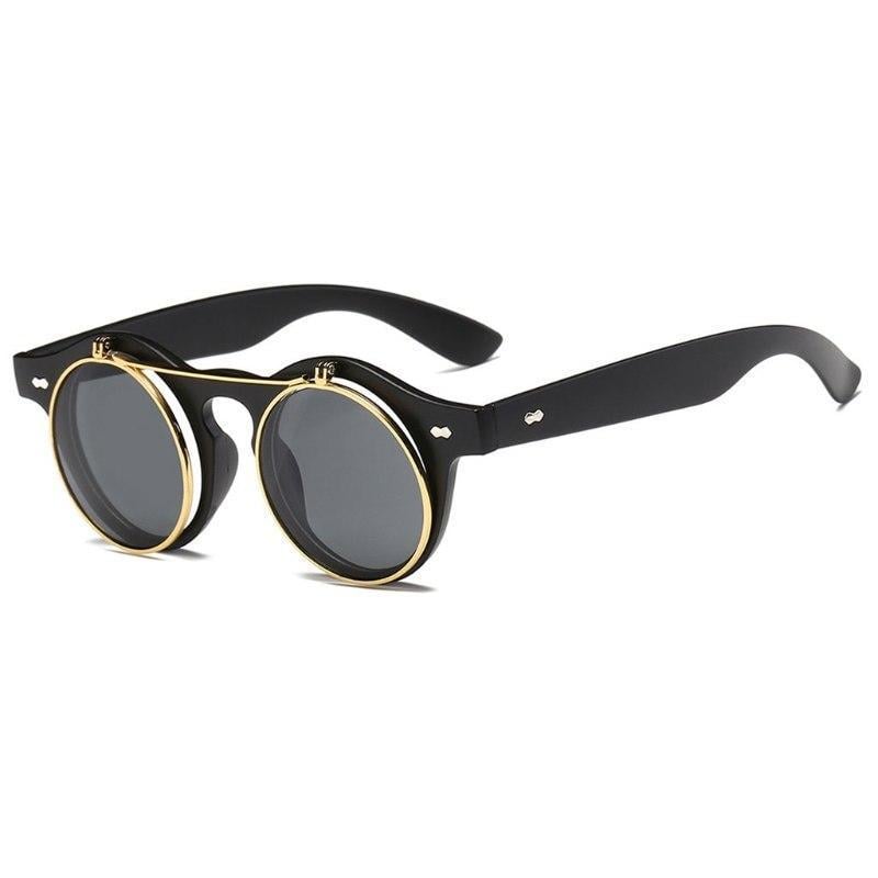 Солнцезащитные очки 2в1 имиджевые круглые панк двойной флип Черный глянец (10190-2)