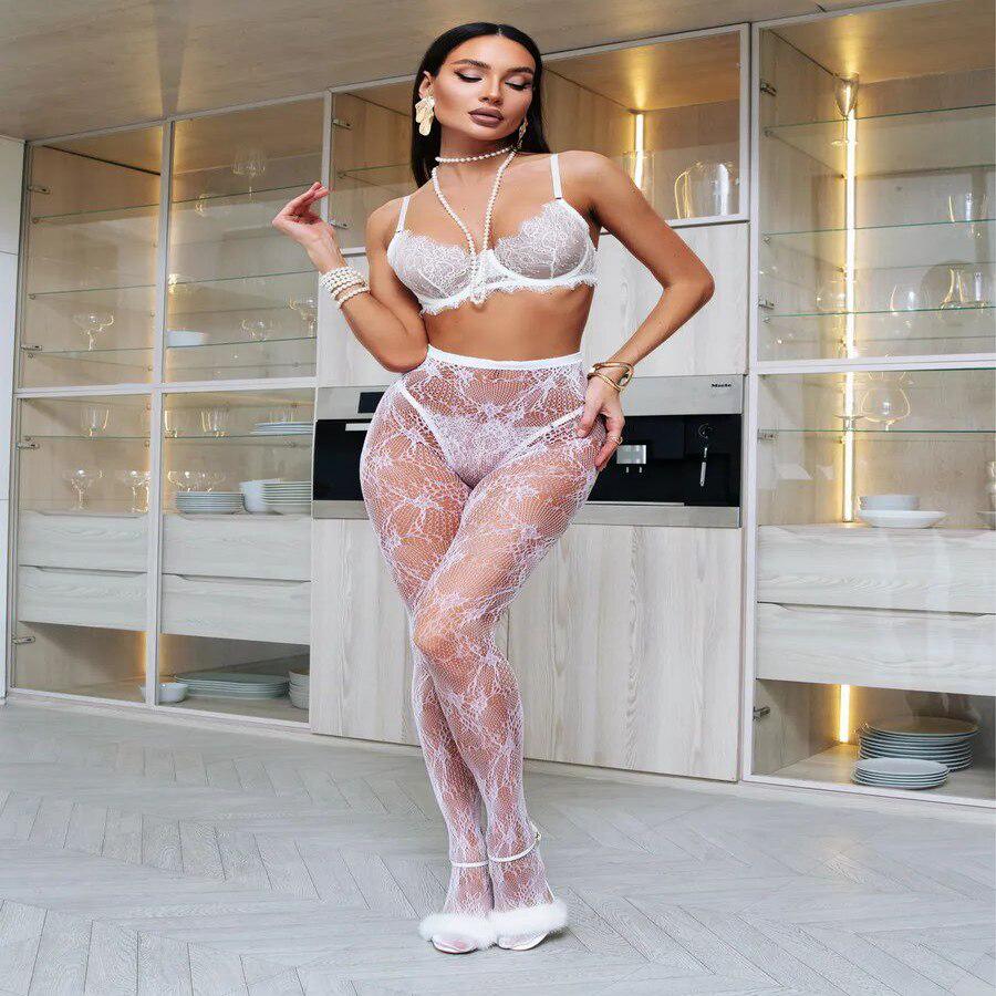 Колготки женские сетчатые с узором на осень OneSize Белый (30147548) - фото 5