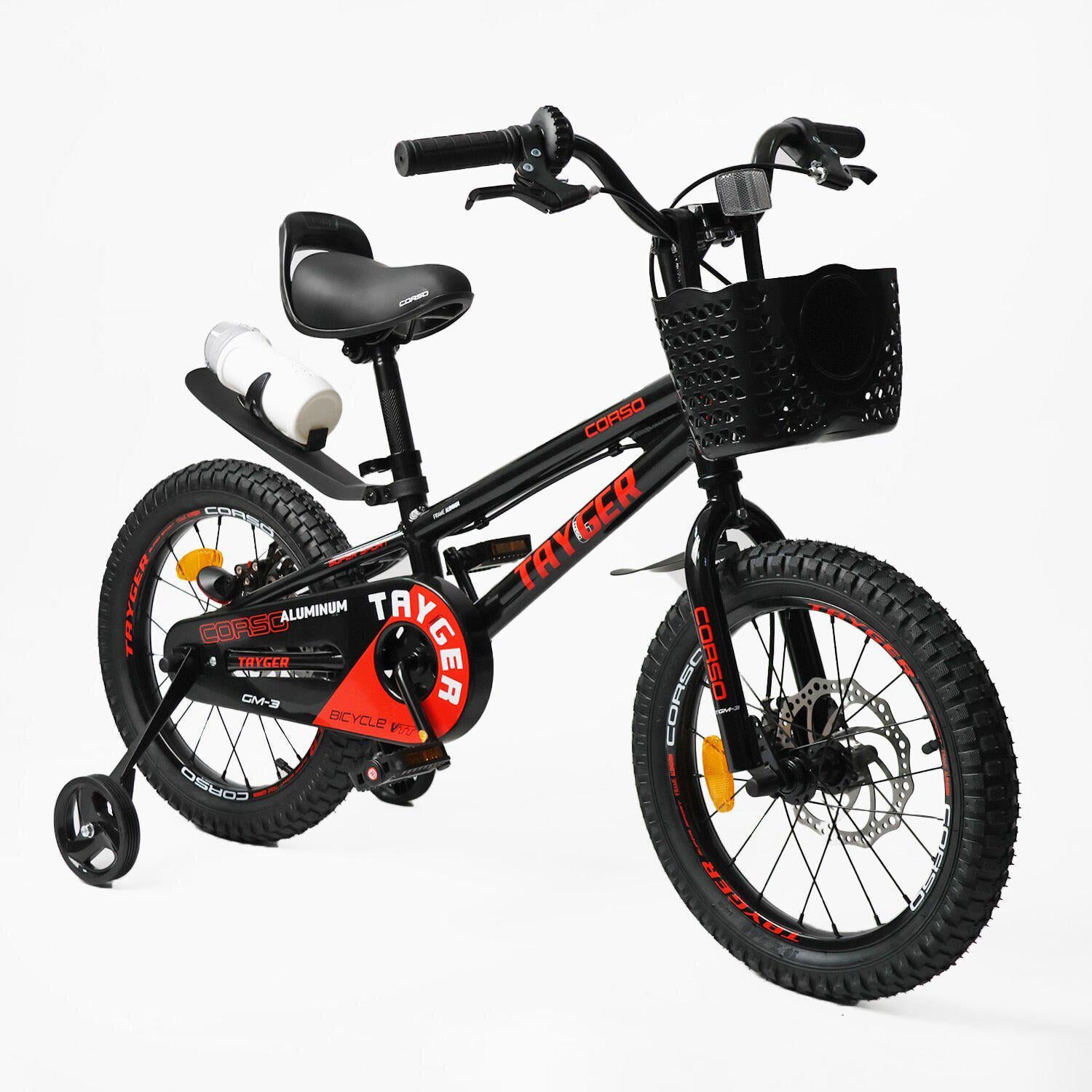 Велосипед двухколесный детский Corso Tayger 16" алюминиевый с корзиной/дисковые тормоза Черно-красный