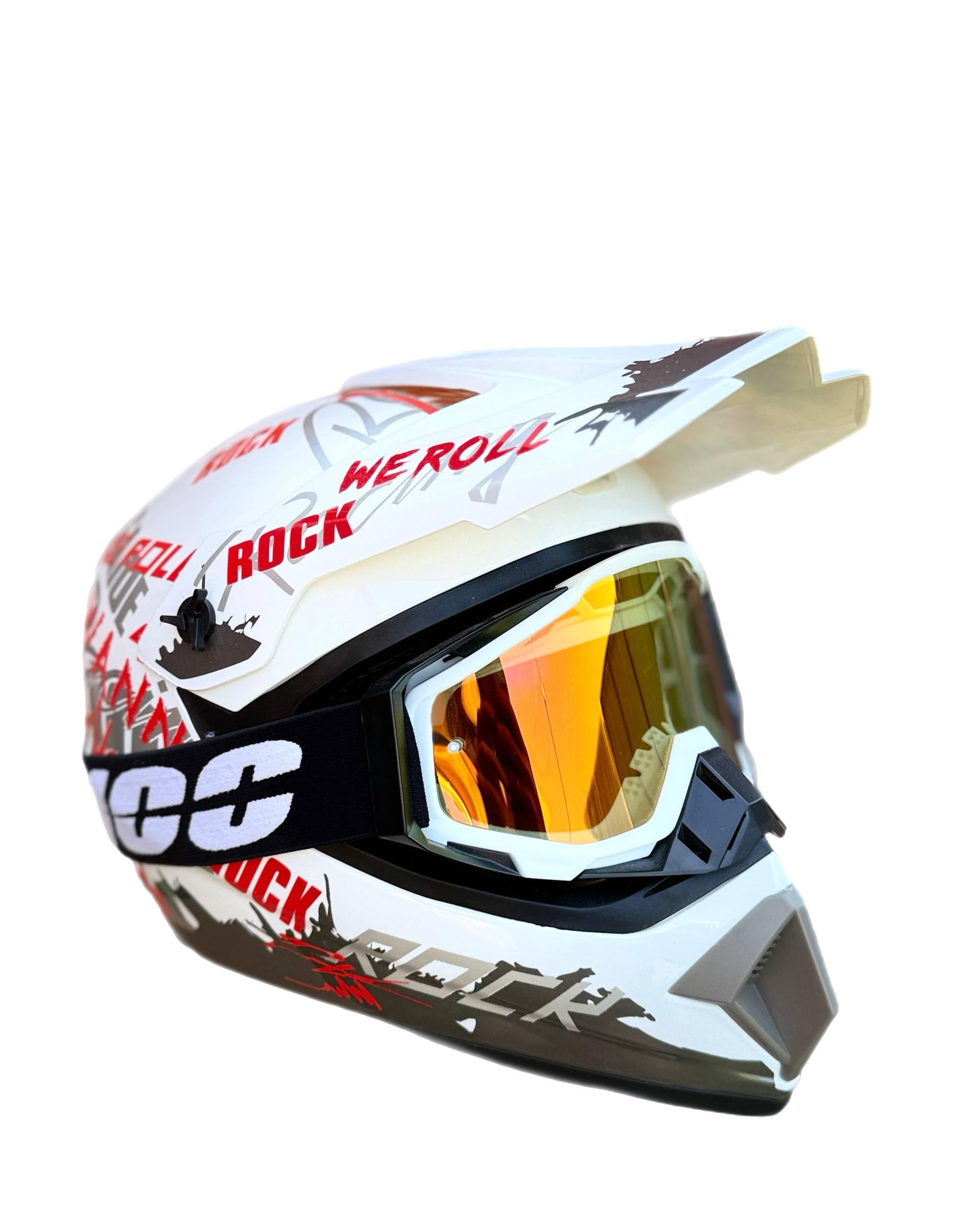 Мотошлем эндуро кроссовый Helmet Rock M Бело-красный и очки Profi 100% желтая поляризация Черно-белый (0341)