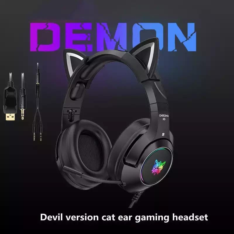 Наушники игровые Onikuma K9 с кошачьими ушками с LED-подсветкой и микрофоном Черный - фото 6