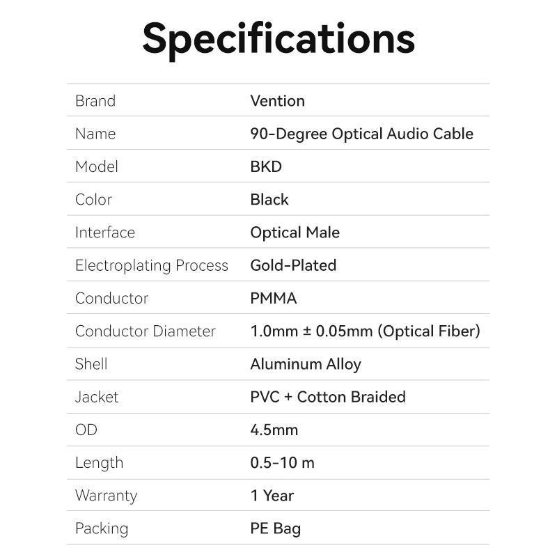 Кабель оптичний Vention Toslink з поворотом на 360° SPDIF Dolby Digital Аудіо Hi-Fi нейлонове обплетення 0,5 м Чорний (BKDBD) - фото 8 Кабель оптичний Vention Toslink з поворотом на 360° SPDIF Dolby Digital Аудіо Hi-Fi нейлонове обплетення 0,5 м Чорний (BKDBD) - фото 8