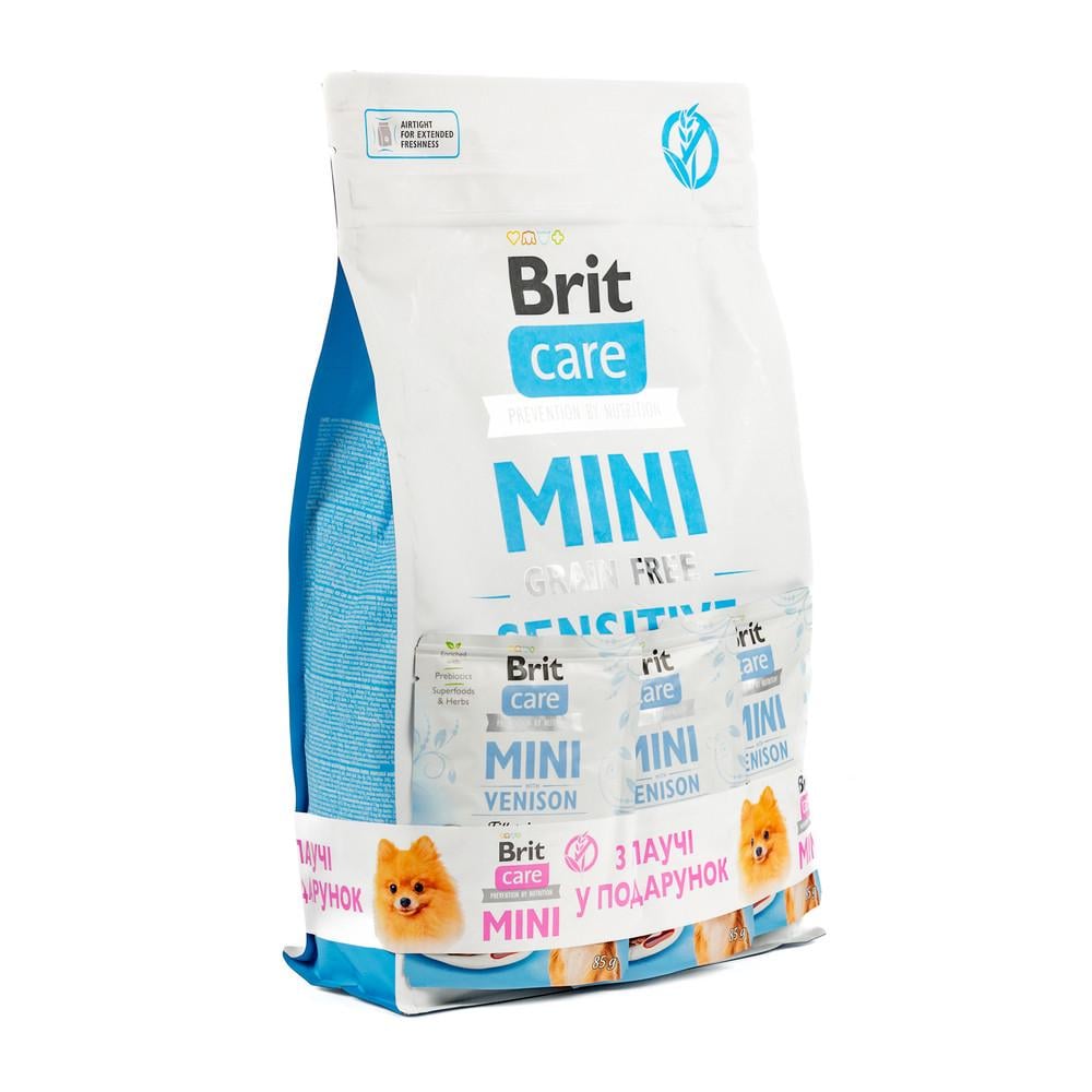 Корм для собак сухой Brit CARE Mini GF Sensitive малых пород с чувствительным пищеварением оленина 2 кг + 3 паучи 85 г (2700000049440)