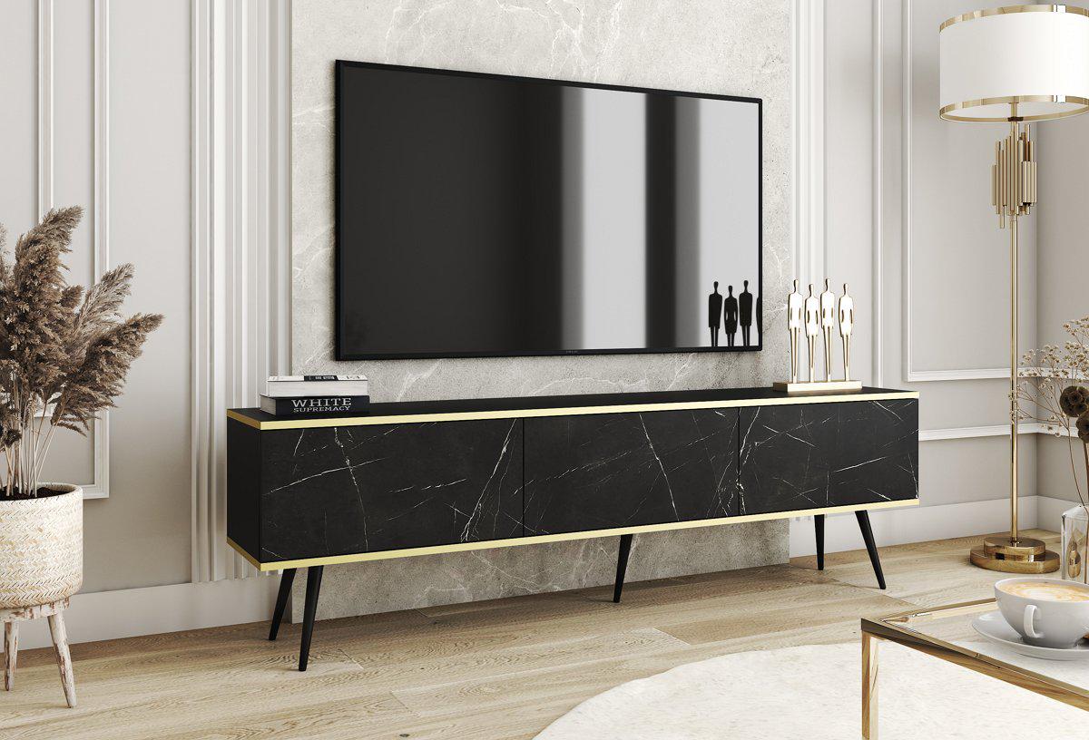 Тумба под телевизор Perfect Home Oro RTV175 3-дверная с черными ножками Черный мрамор роял (PFH-091340)