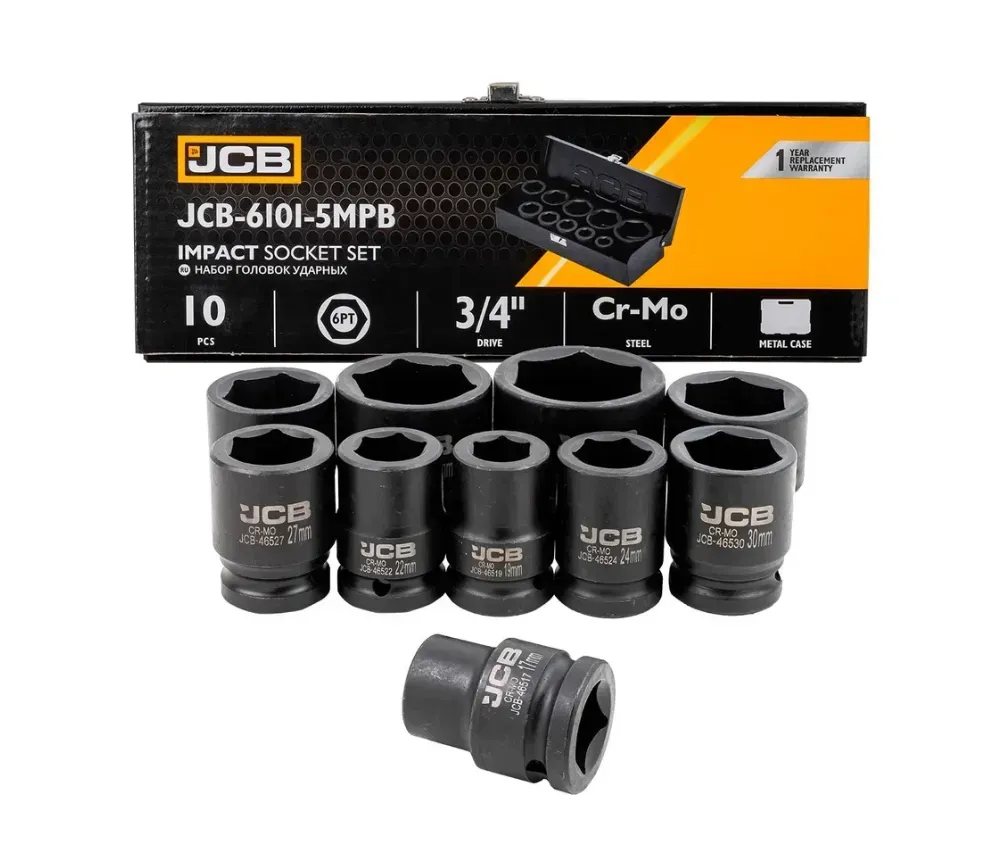 Набір головок JCB Tools ударних в металевому кейсі 10 од. 3/4'' 6-г 17-46 мм