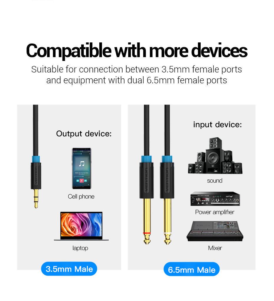 Кабель Vention 2x 6.5 мм Jack-3.5 мм minijack HiFi стерео AUX на 6.35 мм TRS L/R Канали TS 1/4" на TRS 1/8" 5 м Чорний (BACBJ) - фото 14 Кабель Vention 2x 6.5 мм Jack-3.5 мм minijack HiFi стерео AUX на 6.35 мм TRS L/R Канали TS 1/4" на TRS 1/8" 5 м Чорний (BACBJ) - фото 14