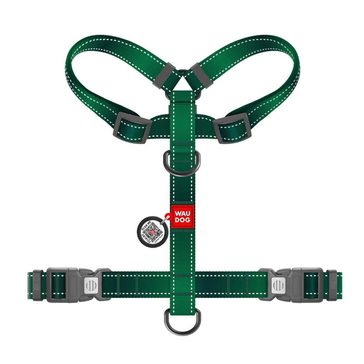 Шлейка для собак анатомическая Waudog Nylon Mono H-образная с QR-паспортом XL 25 мм х 60-100 см Зеленый (545918 Col)