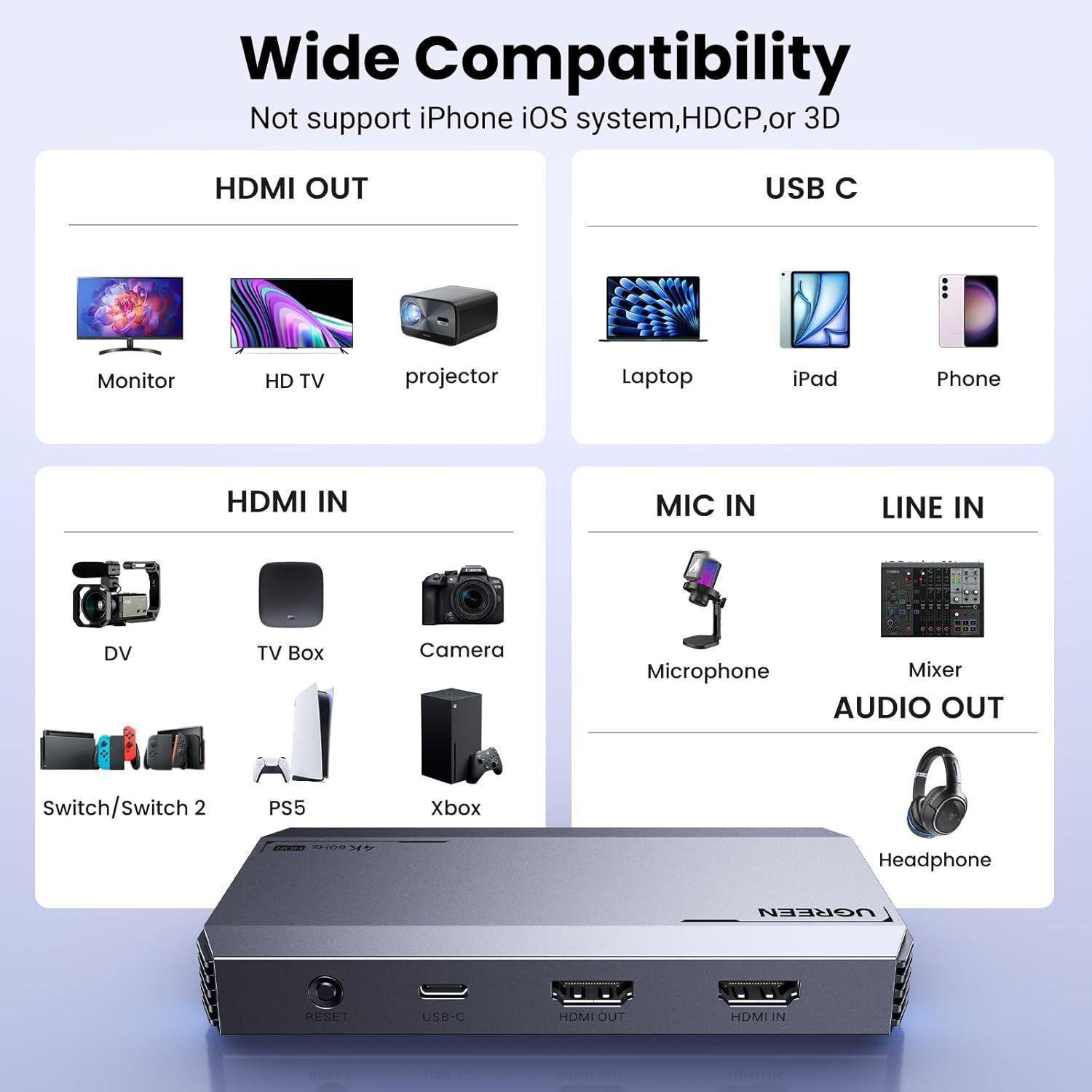 Карта відеозахоплення USB Ugreen 4K 60Hz 1080p Сірий (25173) - фото 10 Карта відеозахоплення USB Ugreen 4K 60Hz 1080p Сірий (25173) - фото 10