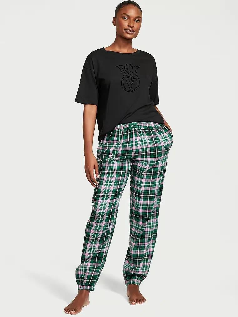Піжама футболка/штани бавовна Victoria's Secret Flannel Tee-jama Set S Чорний (26710463)