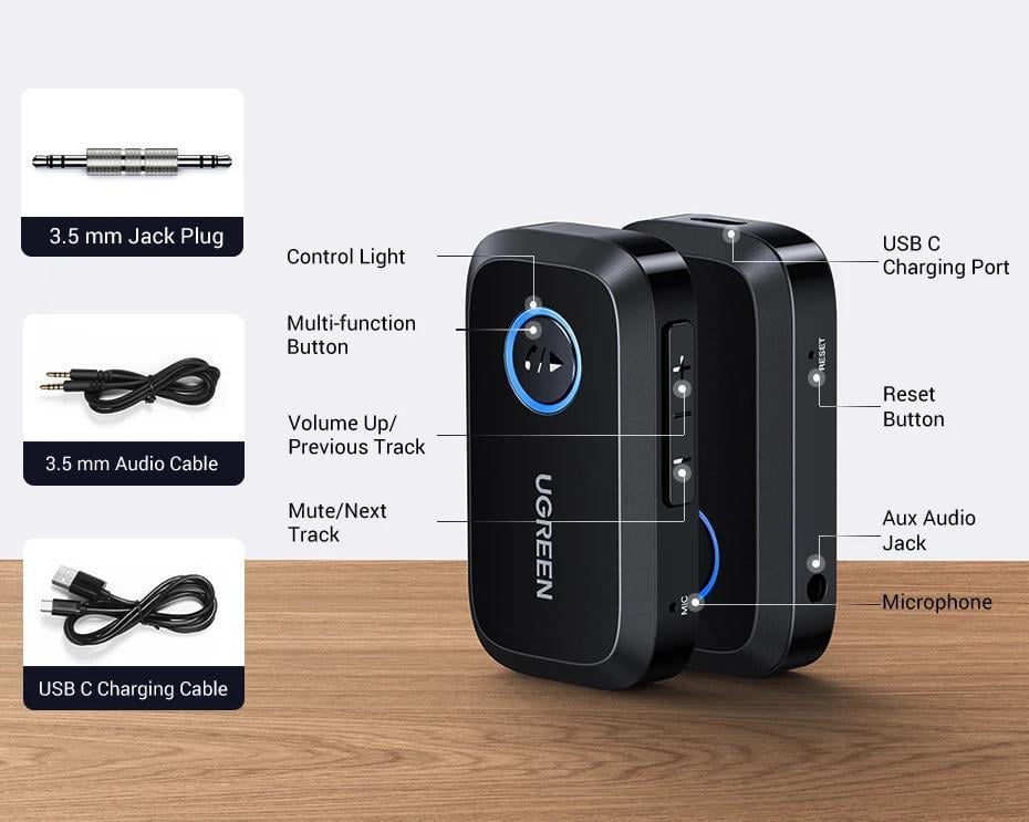 Адаптер UGREEN Bluetooth 5.3 приемник Hi-Res 3,5 мм minijack AUX-Type-C кодеки AAC/SBC Черный (90748) - фото 12 Адаптер UGREEN Bluetooth 5.3 приемник Hi-Res 3,5 мм minijack AUX-Type-C кодеки AAC/SBC Черный (90748) - фото 12