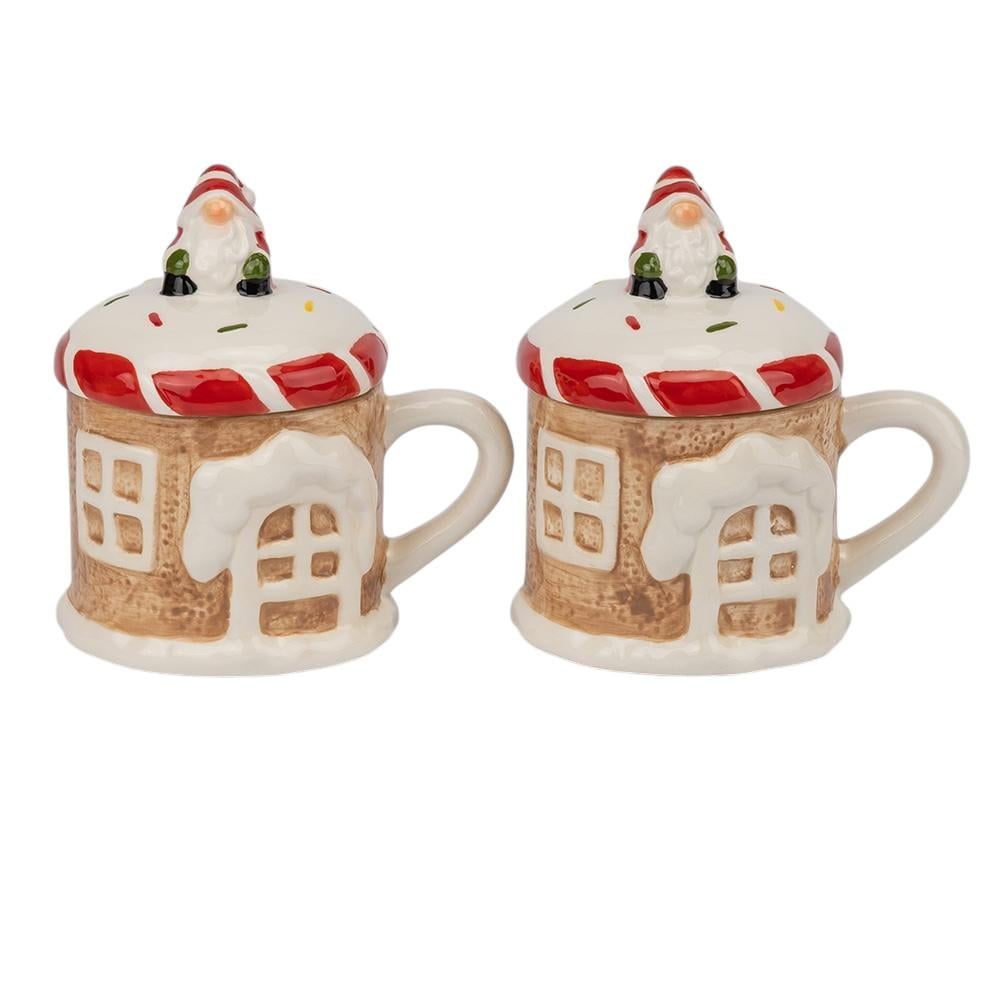 Новогодний набор кружки для горячих напитков Имбирный домик с крышкой 400 мл Коричневый (147-81-6037-014 )
