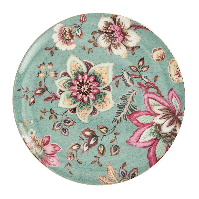 Тортовница Fleurs Palais Royal фарфоровая D 33 см Бирюзовый с розовыми цветами (37071)