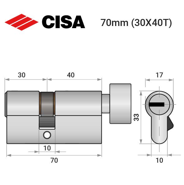 Циліндр замка ключ/тумблер Cisa ASIX P8 70T 30х40T нікель матовий (38013) - фото 4