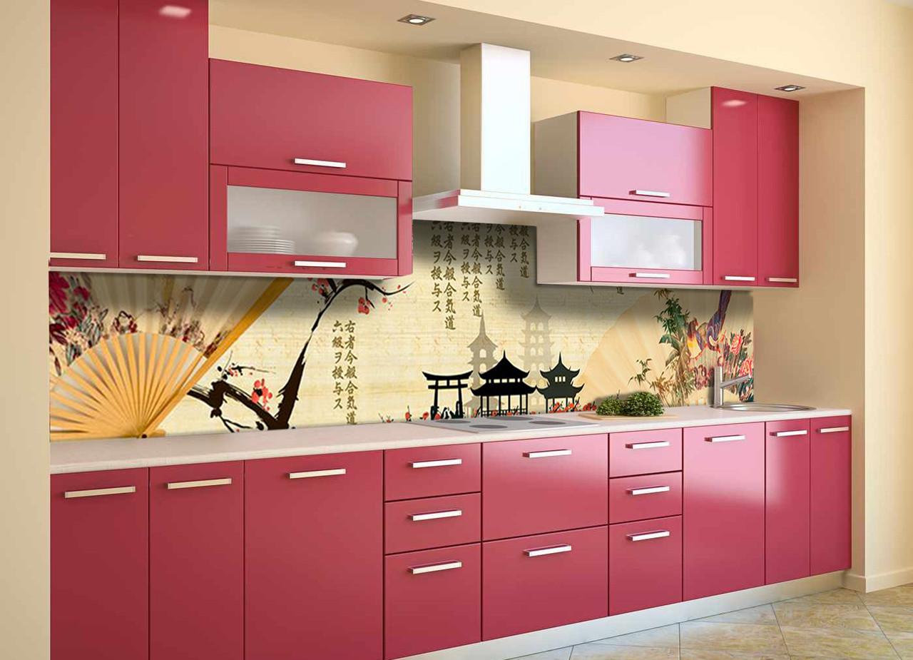 Кухонный фартук Веер восточные символы из самоклеющейся виниловой пленки 65х300 см Бежевый