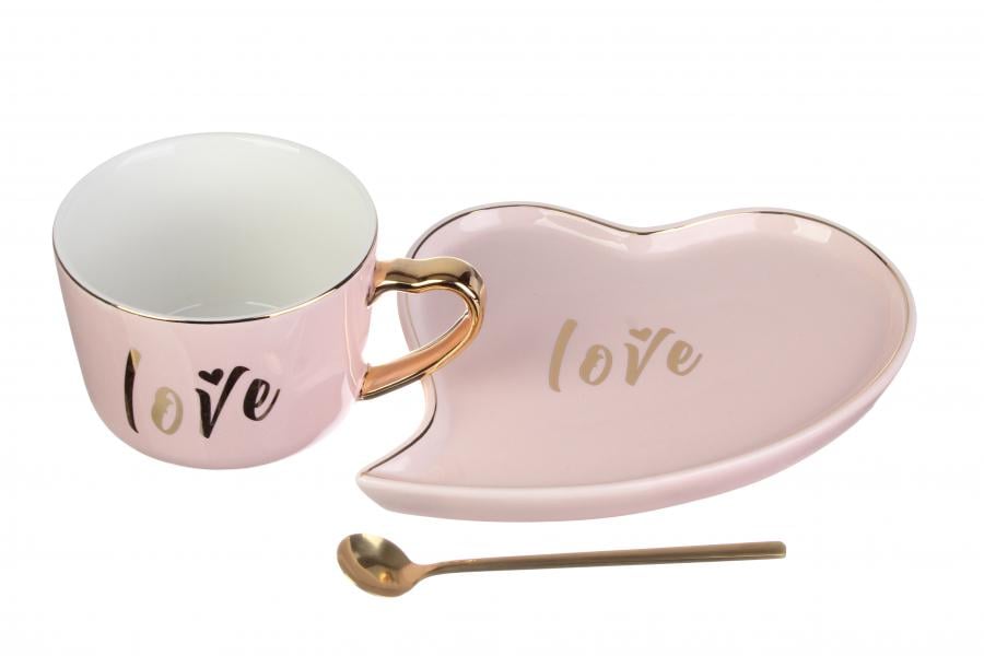 Чашка керамічна Love з блюдцем 170 мл Рожевий (100008) - фото 2 Чашка керамічна Love з блюдцем 170 мл Рожевий (100008) - фото 2