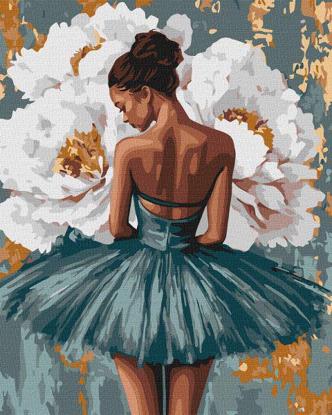 Картина за номерами Ideyka Балерина з білими півонії з фарбами металік 40x50 см (Id-KHO8663)