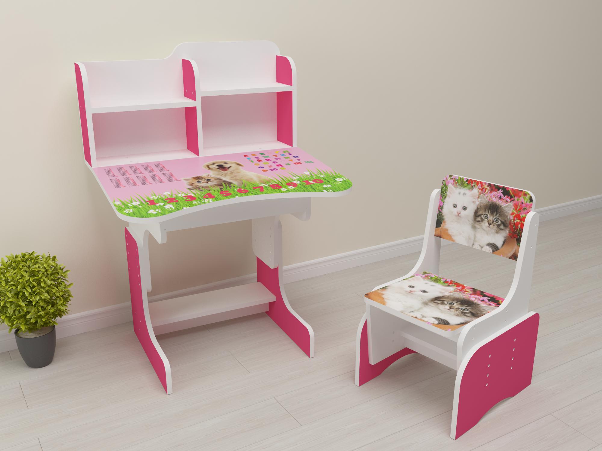 Комплект парта і стілець-трансформери Цуценя з котиком від 3 років Малиновий (012)