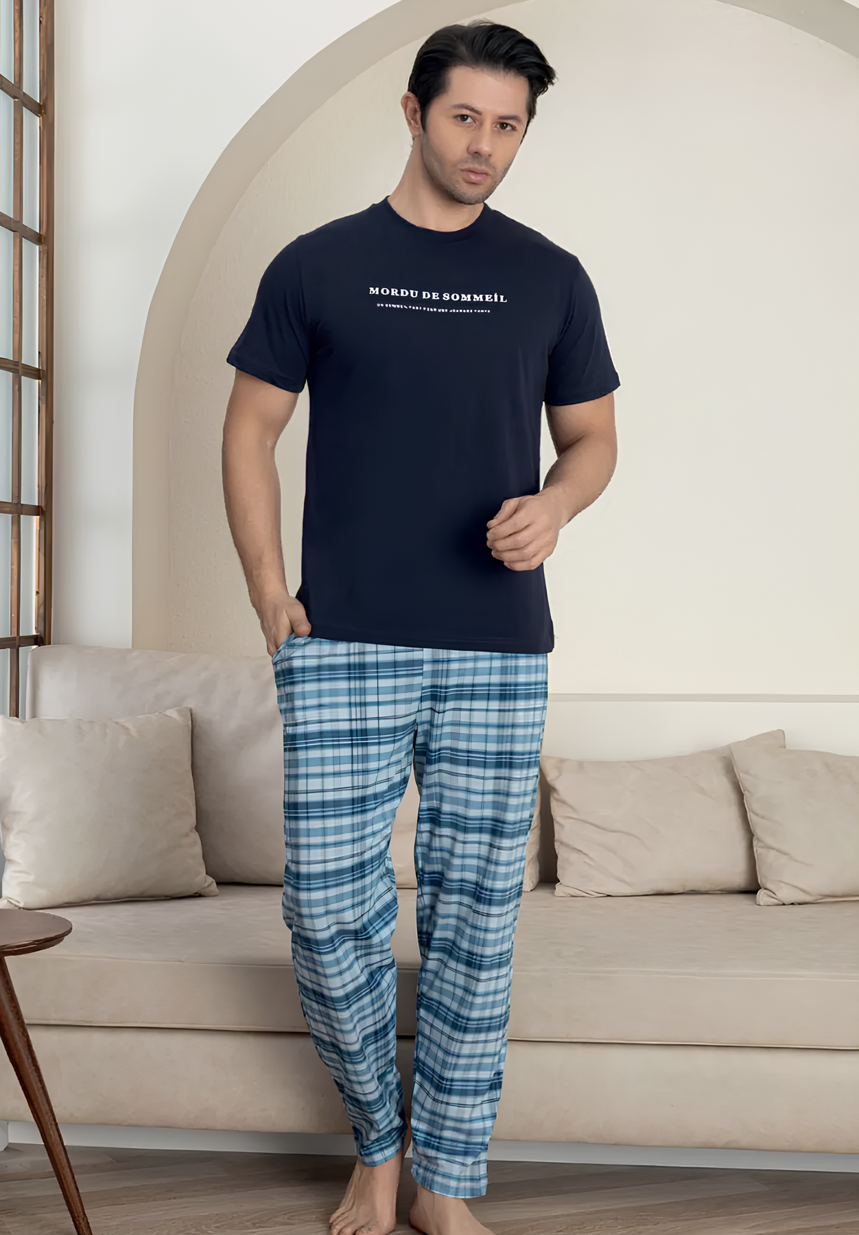 Пижама мужская хлопковая SOMMEIL футболка и брюки в клетку L Синий (8102-1)