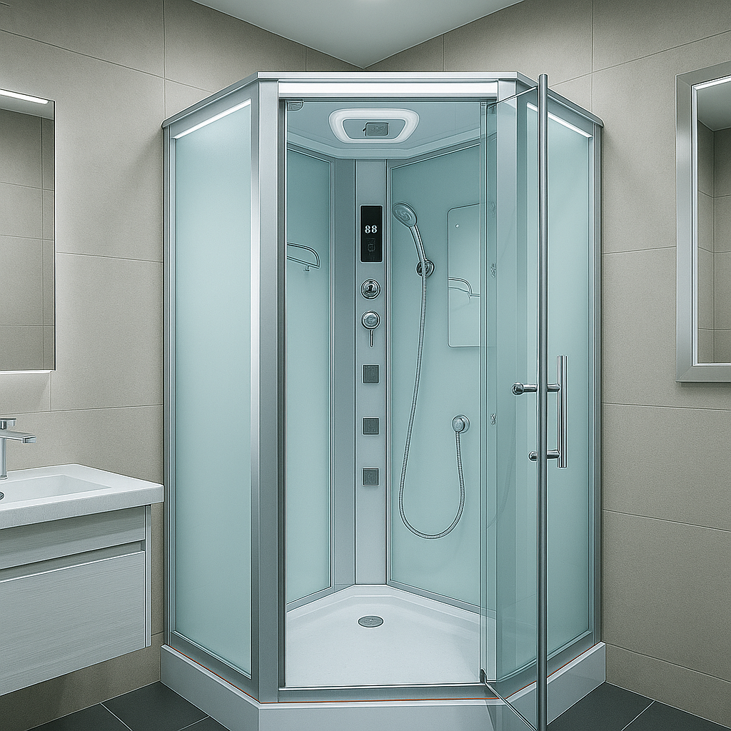 Душевой бокс закрытый KO&PO многогранный с гидромассажем поддон 15 см стекло 5 мм полупрозрачное 90х90х215 см (DIAMOND90)