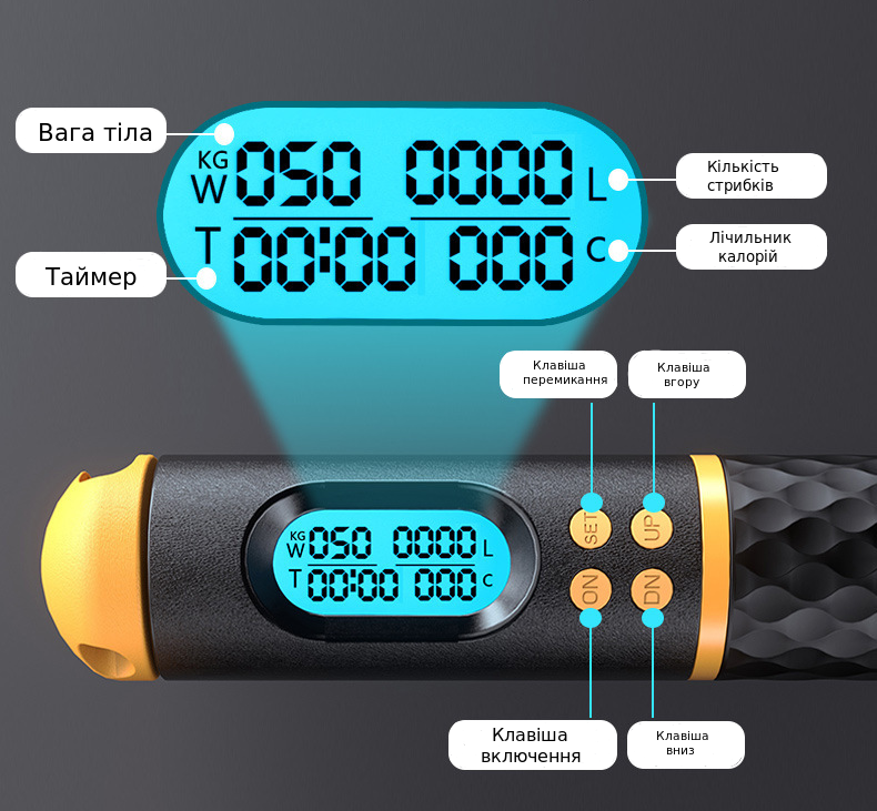 Скакалка 2в1 на підшипниках з електронним лічильником стрибків/калорій і таймером для схуднення (10406105) - фото 7