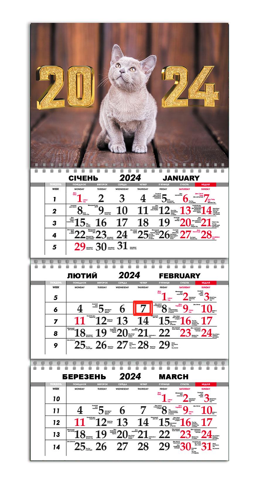 Календарь APRIORI квартальный на 2024 год Кот 30х61 см (UA969)