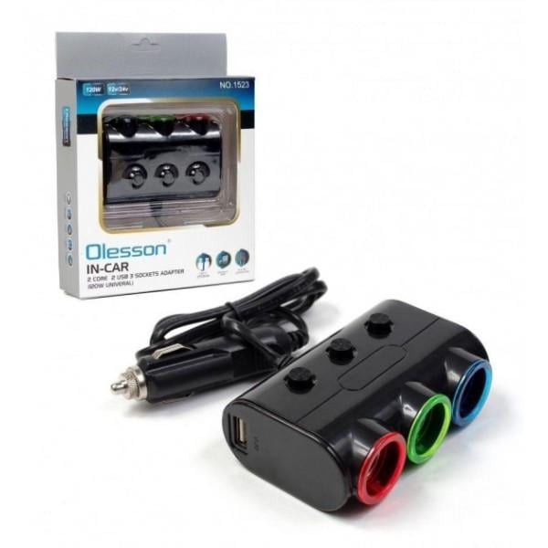 Розгалужувач автомобільний прикурювача на 3 гнізда з 2 USB 12-24 V Olesson 1523 (1647396597)