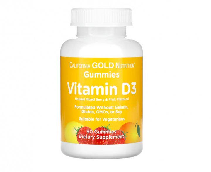 Жевательный витамин D3 California Gold Nutrition Фрукты/Ягоды без желатина и глютена 25 мкг 90 таблеток (CGN-01196)