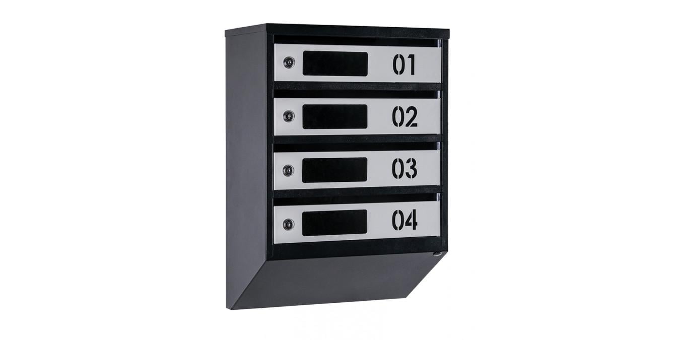 Почтовый ящик многосекционный Галиндустрия ЯП-04-D из металла на 4 квартиры с замком 390х550х200 мм с номером Черно-серый (124-119-000004038)