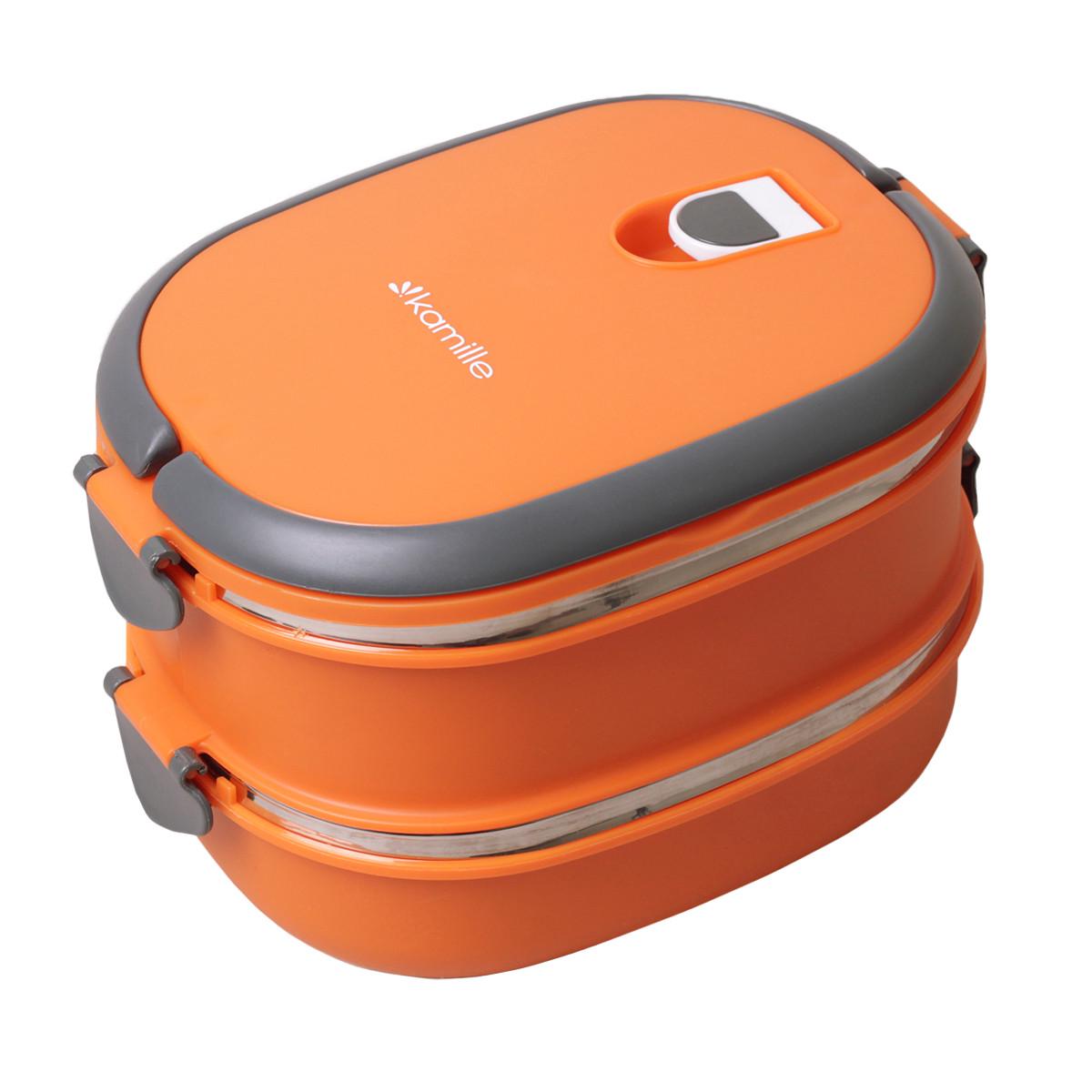 Ланч-бокс двойной Kamille KM-2109 из пластика и нержавеющей стали с ручками 1800 мл Оранжевый (124-84-2109OR)