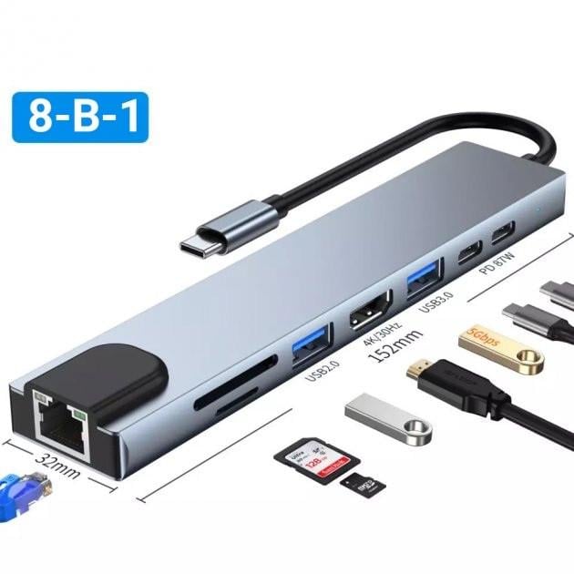 Хаб концентратор 8 до 1 USB Type-C перехідник HDMI SD (TF RJ45) - фото 3 Хаб концентратор 8 до 1 USB Type-C перехідник HDMI SD (TF RJ45) - фото 3