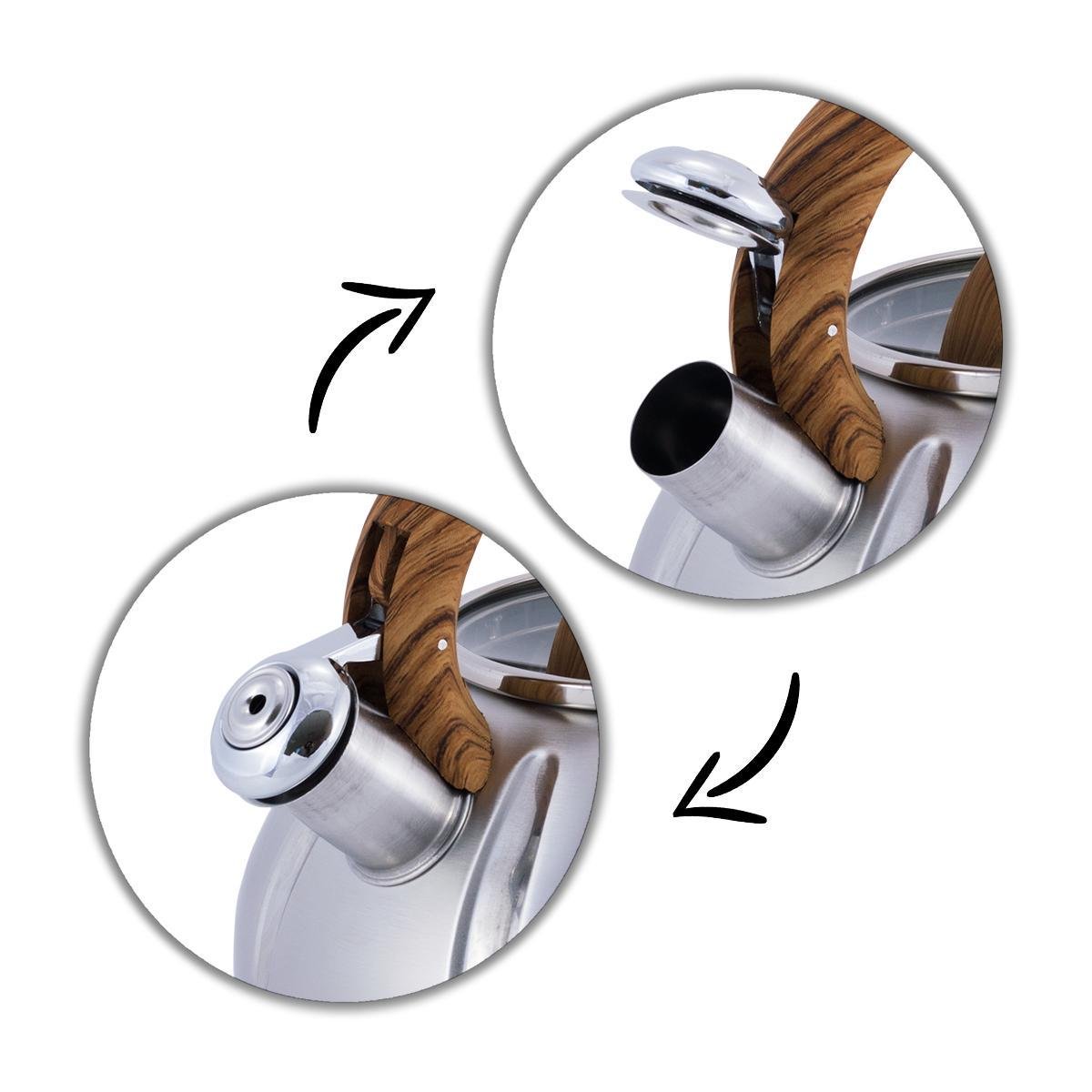 Чайник Kamille Vizo з нержавіючої сталі із свистком з ручкою під дерево 3 л Сріблястий (27198334) - фото 9 Чайник Kamille Vizo з нержавіючої сталі із свистком з ручкою під дерево 3 л Сріблястий (27198334) - фото 9