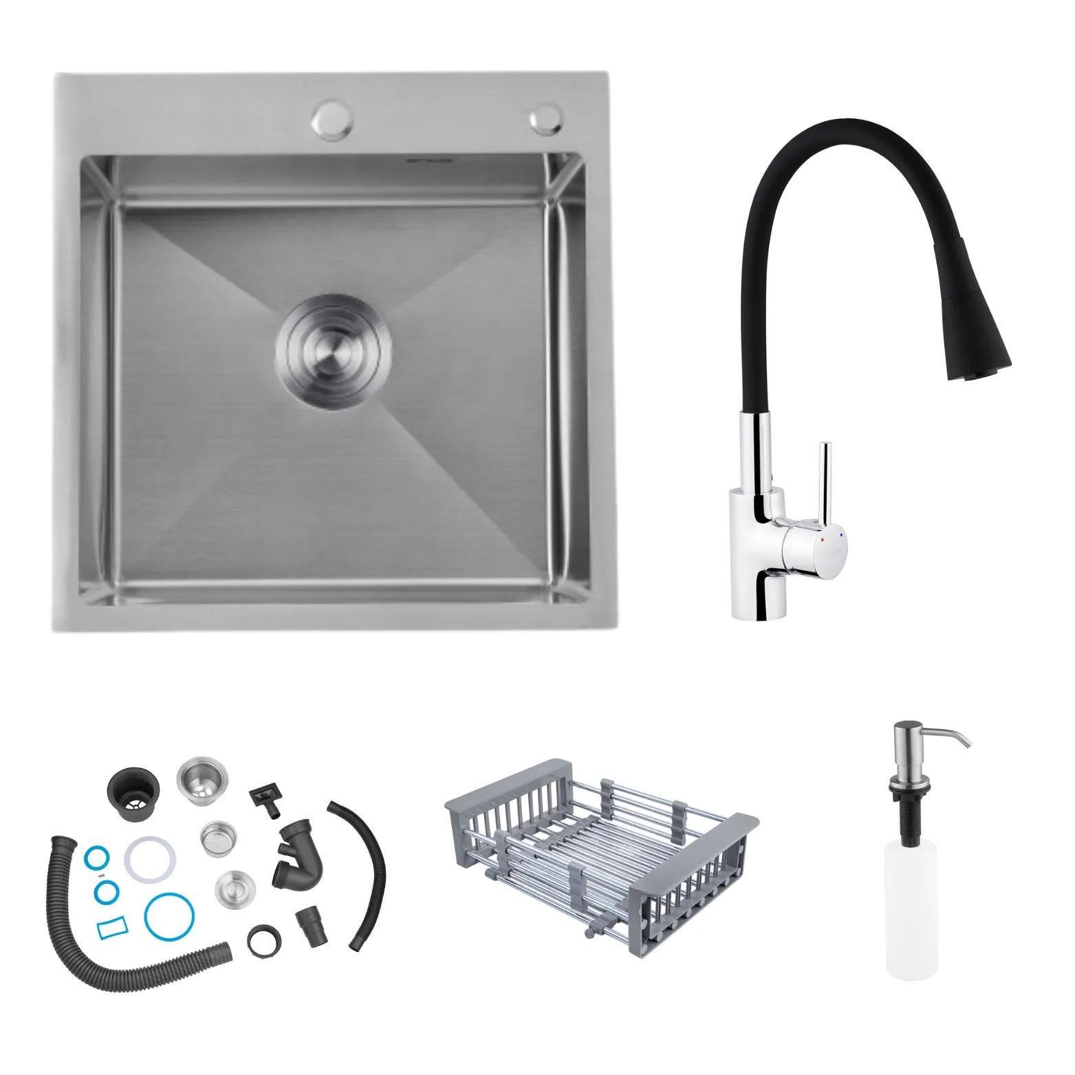 Мийка Kroner 5050HM та гнучкий змішувач для кухні Kroner Kuche-C031BLK Сірий