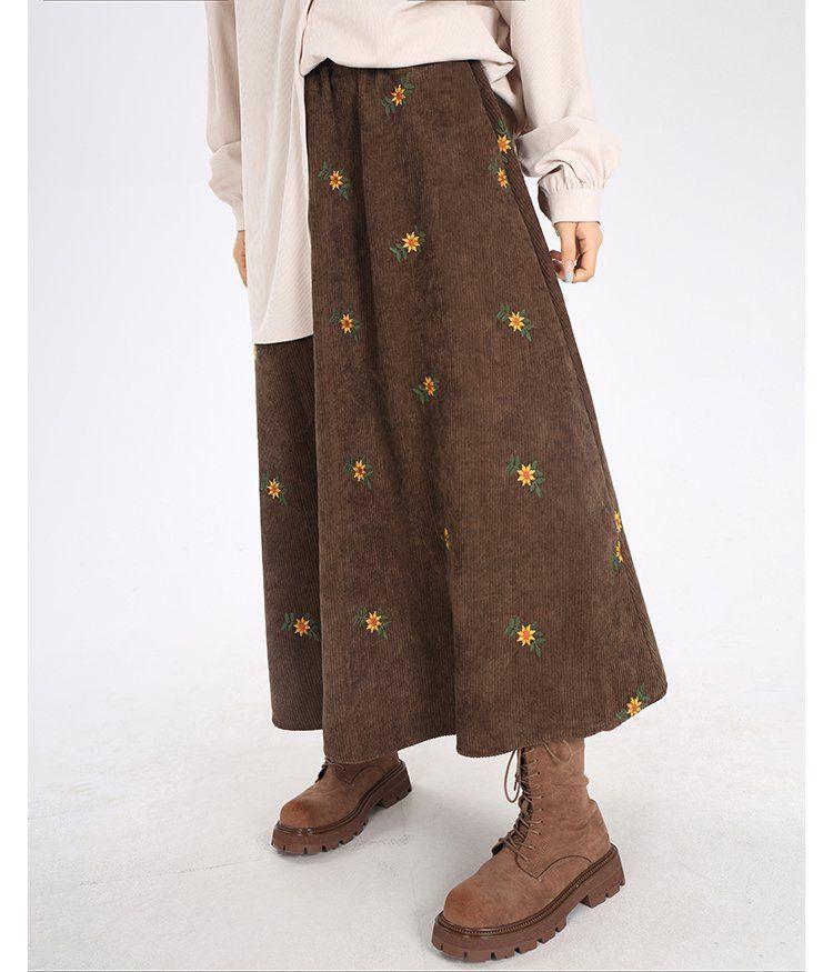 Юбка вельветовая длинная с вышитыми цветами 3XL Коричневый (K6-440-1748-К-3XL)
