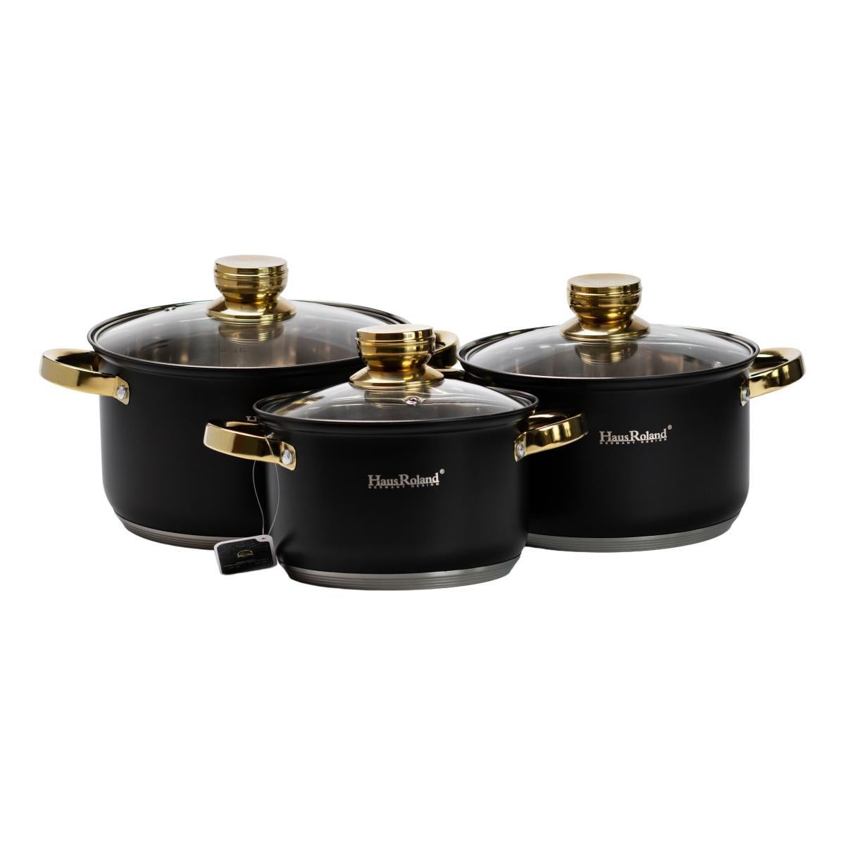 Набор кастрюль Haus Roland из нержавеющей стали со стеклянными крышками 3 шт. на 5,1/3,9/2,9 л Черный (HP33542)