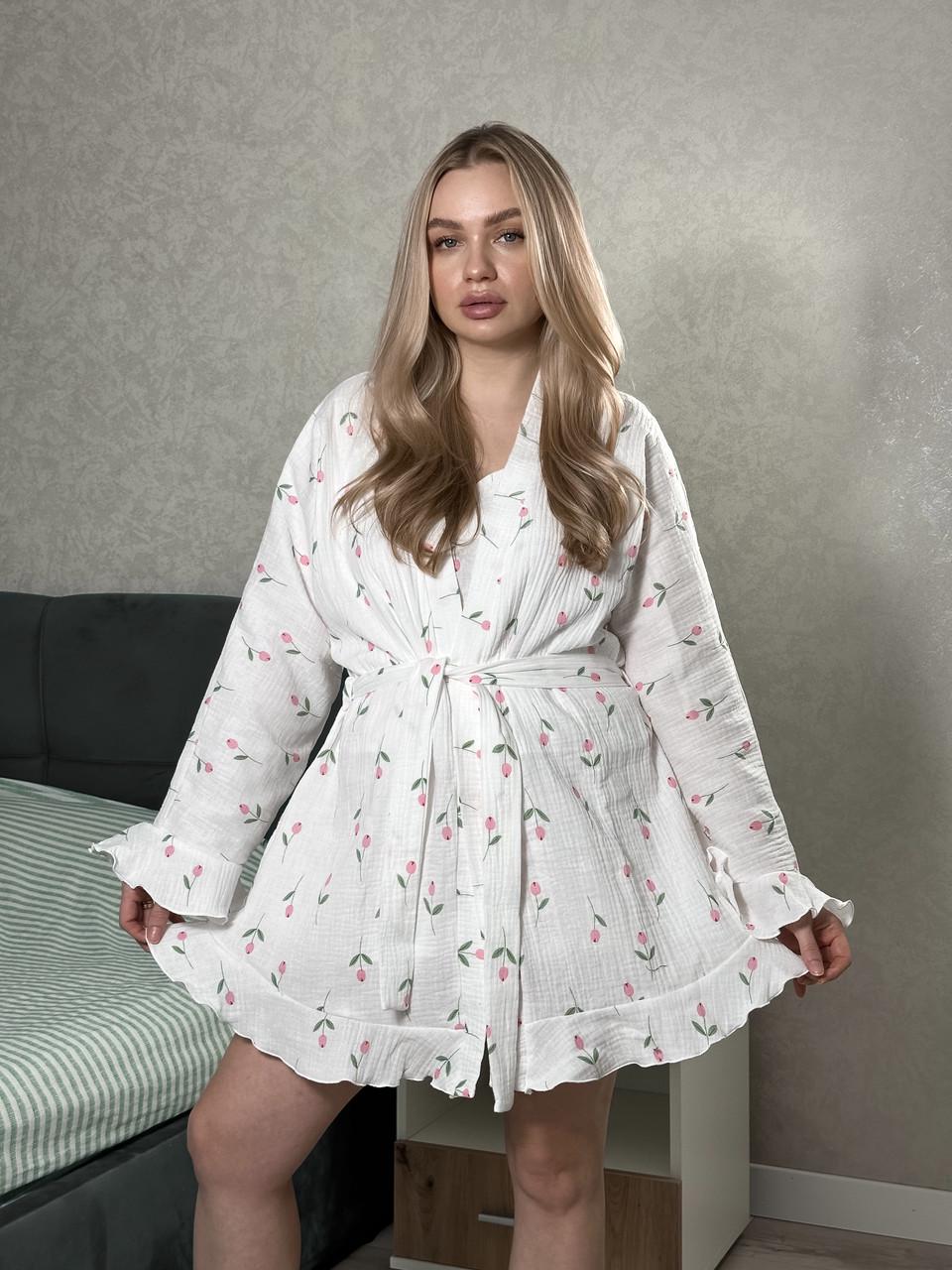 Халат жіночий короткий мусліновий з рюшами Рожевий тюльпан (2526275240) - фото 2