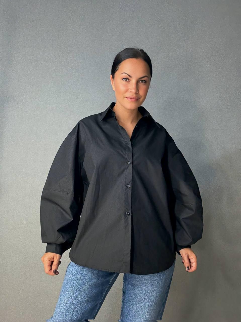 Рубашка женская Lan Lan 7503 оверсайз широкая длинная с пышным рукавом OS Черный (4910) - фото 3