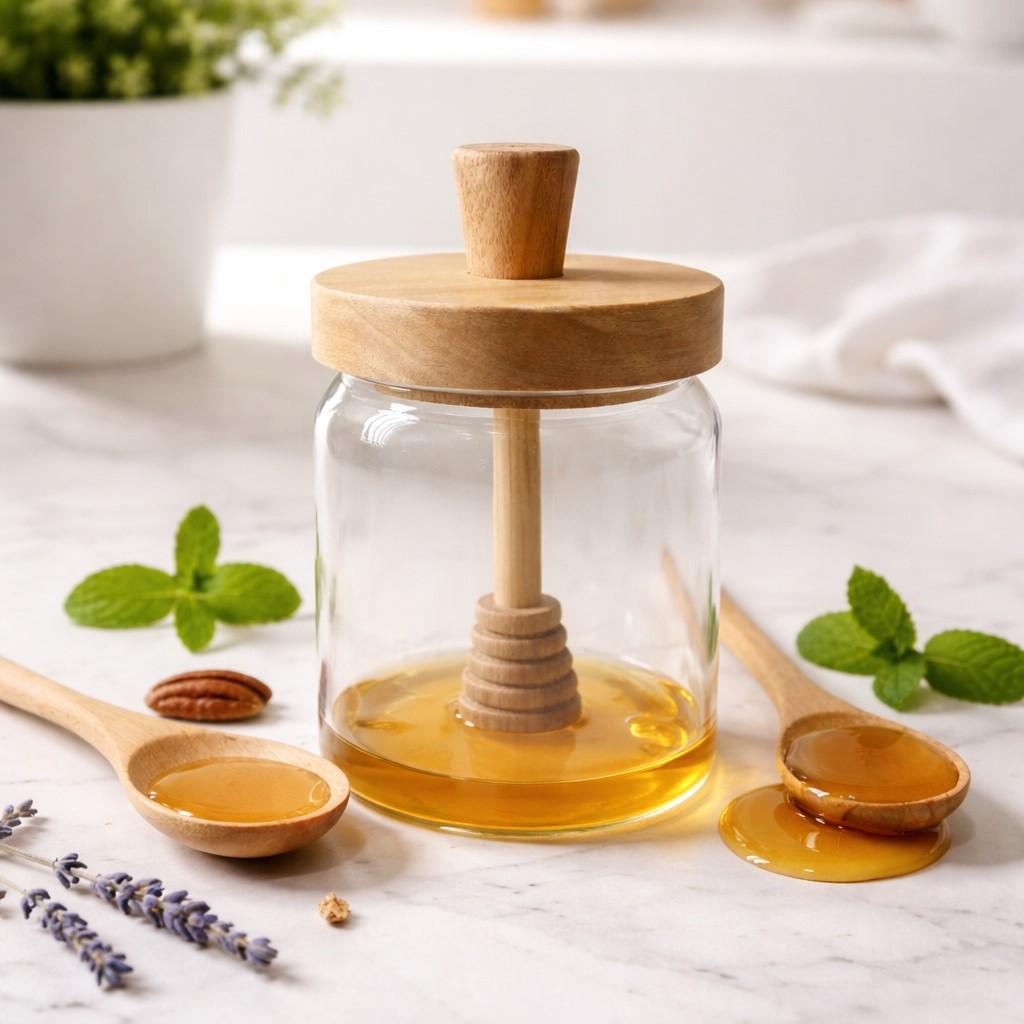 Банка для меда стеклянная с деревянной крышкой и палочкой боросиликатное стекло 500 мл (31738479)